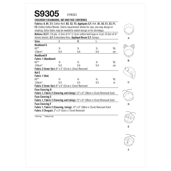 Simplicity Sewing Pattern S9305 Children's Headbands, Hat & Face Coverings