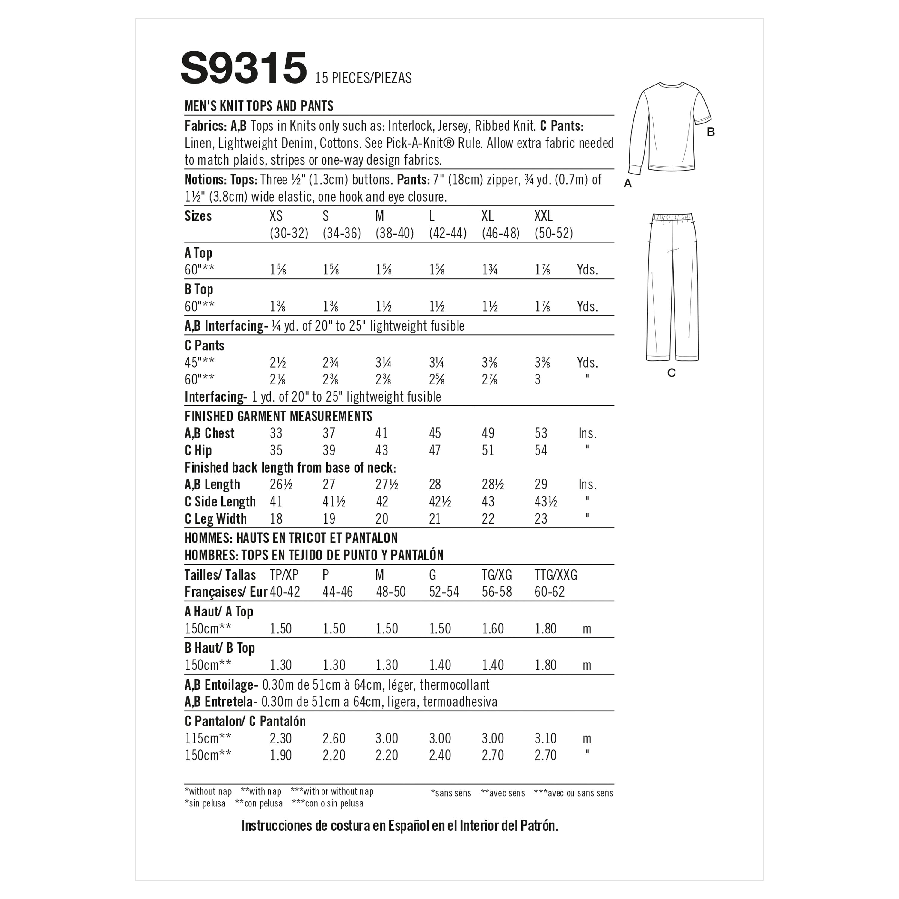 Simplicity Sewing Pattern S9315 Men's  Casual Tops and Trousers