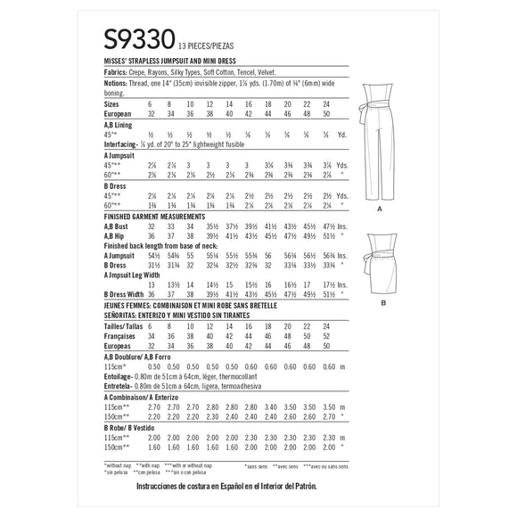 Simplicity Sewing Pattern S9330 Misses' Strapless Jumpsuit and Mini Dress Mimi G