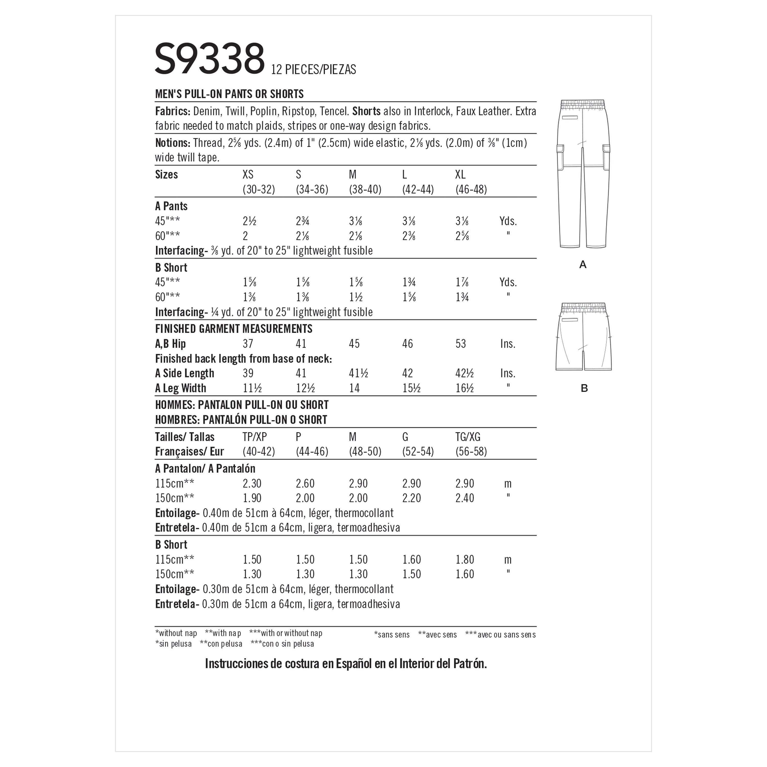 Simplicity Sewing Pattern S9338 Men's Pull-On Trousers or Shorts