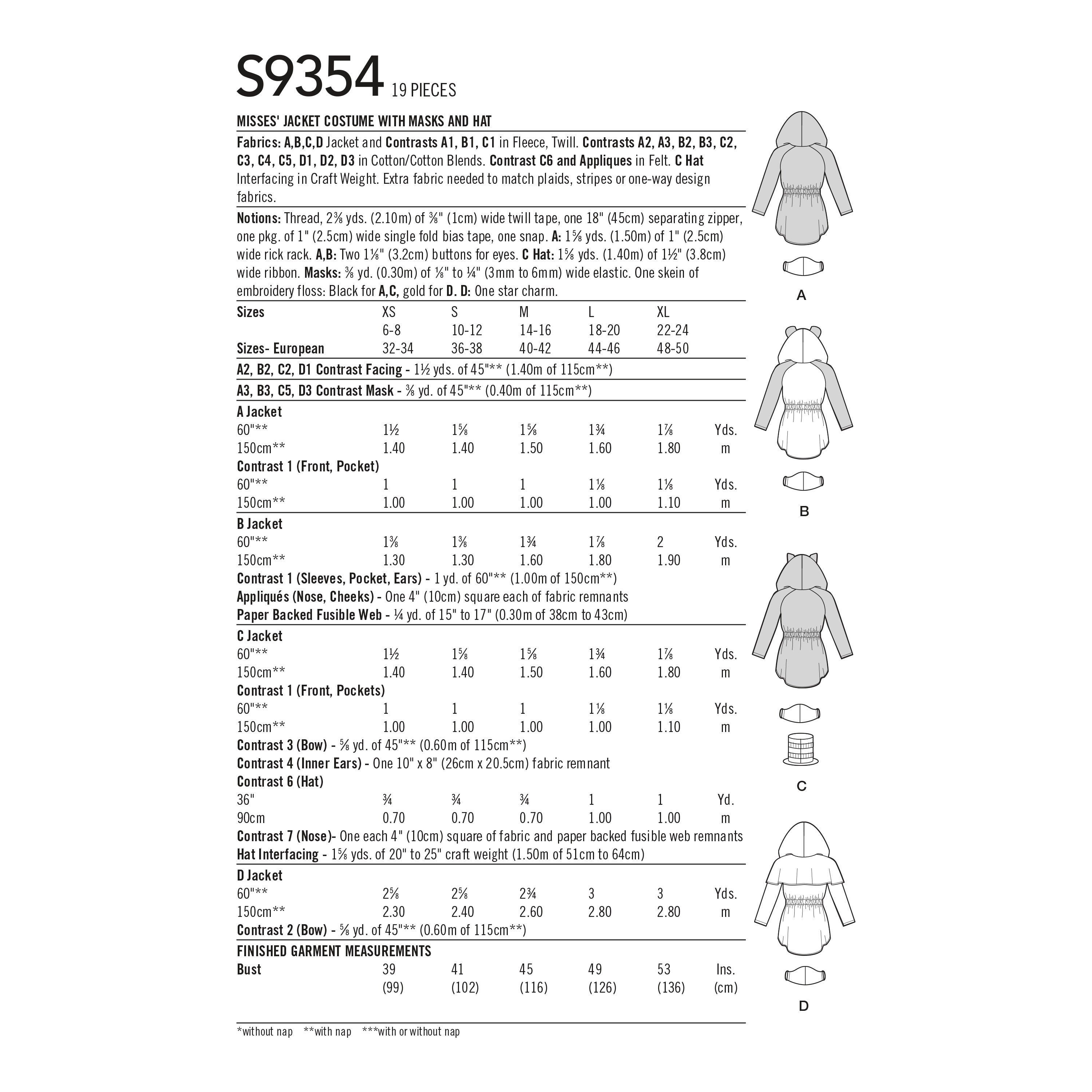 Simplicity Sewing Pattern S9354 Misses' Jacket Costume with Masks and Hat