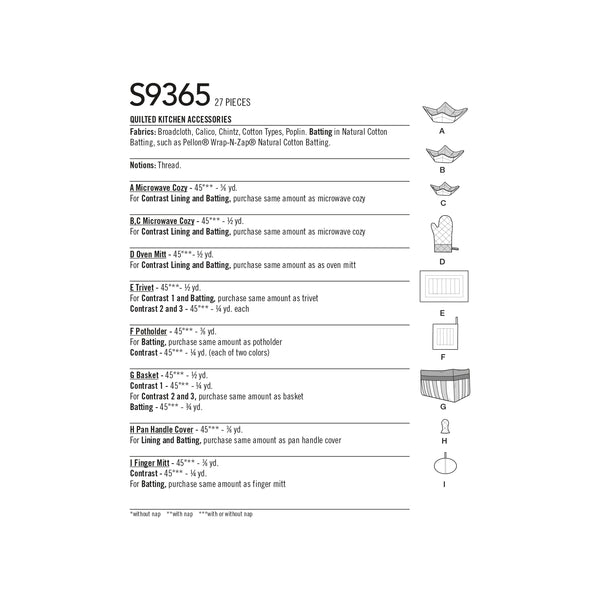 Simplicity Sewing Pattern S9365 Quilted Kitchen Accessories