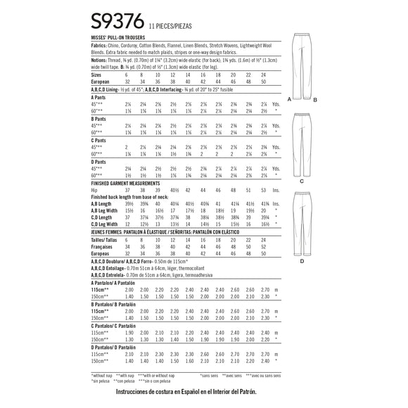 Simplicity Sewing Pattern S9376 Misses' Pull-on Trousers