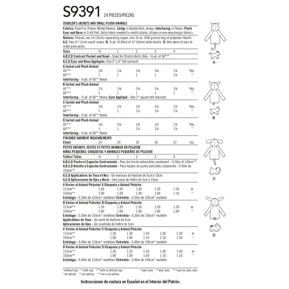 Simplicity Sewing Pattern S9391 Toddlers' Jackets and Small Plush Animals