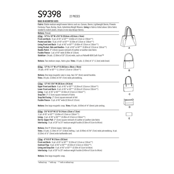 Simplicity Sewing Pattern S9398 Assorted Tote Bag, Bag and Clutch