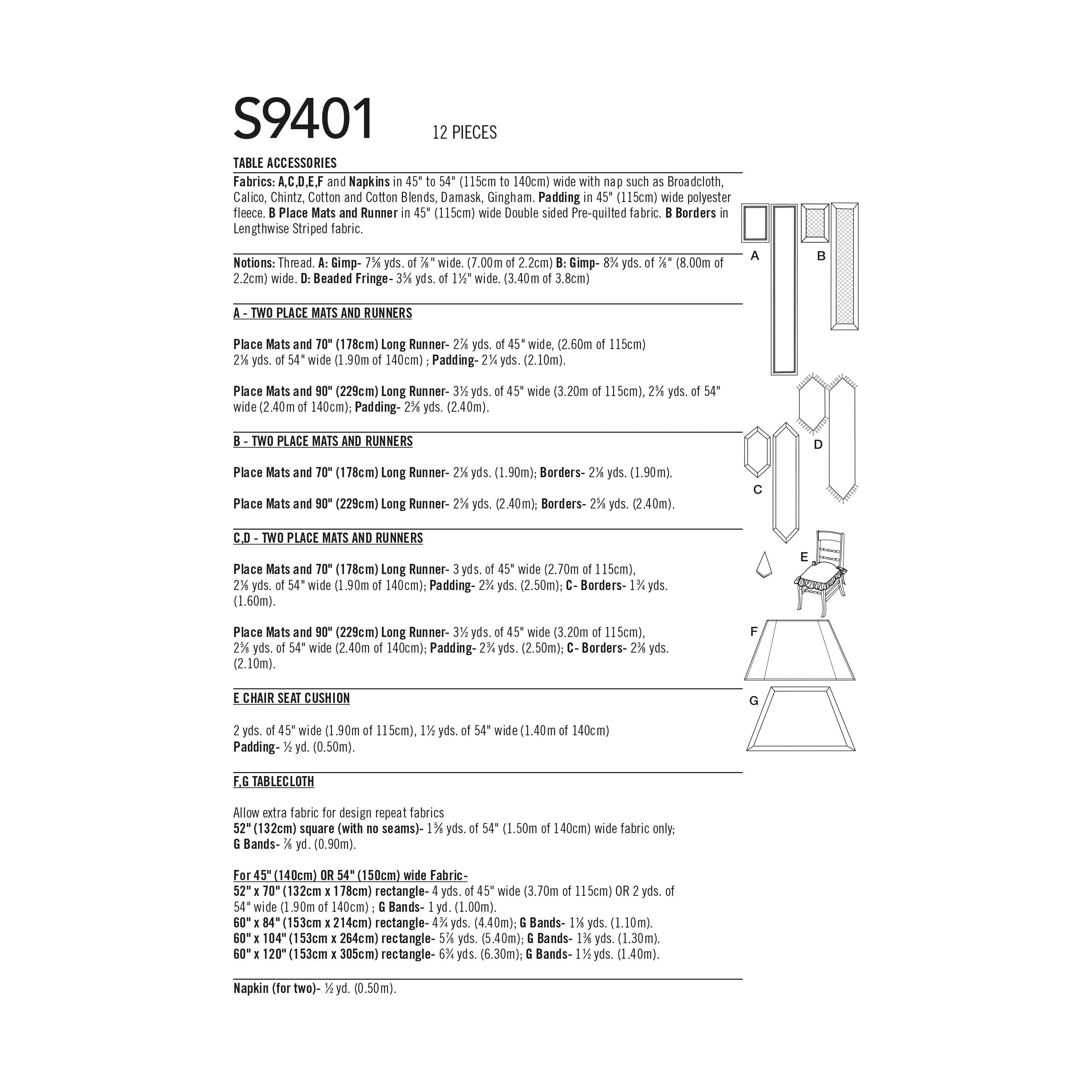 Simplicity Sewing Pattern S9401 Tabletop Accessories and Chair Pad