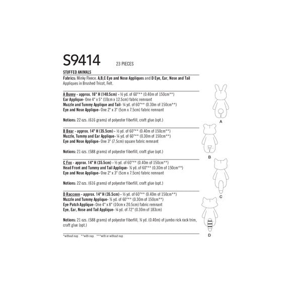 Simplicity Sewing Pattern S9414 Soft Toy Animals