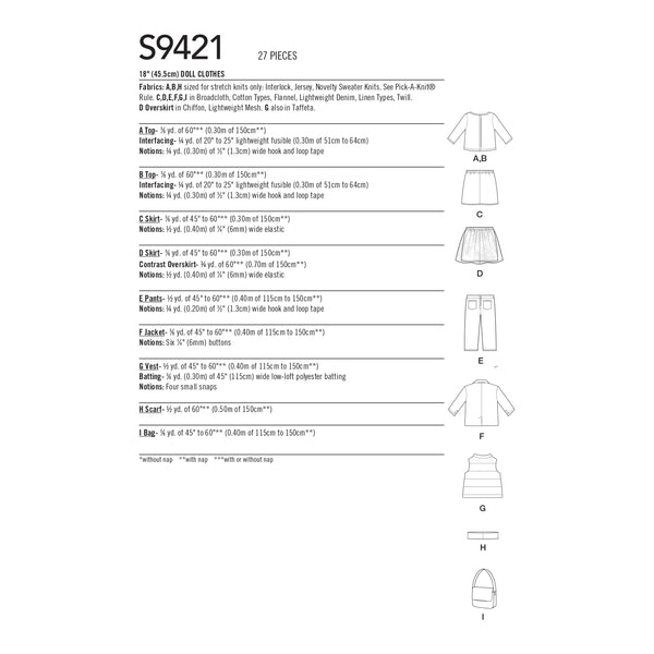 Simplicity Sewing Pattern S9421 Doll Clothes