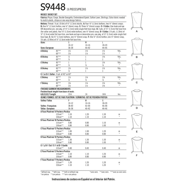 Simplicity Sewing Pattern S9448 Misses' Dickey Set