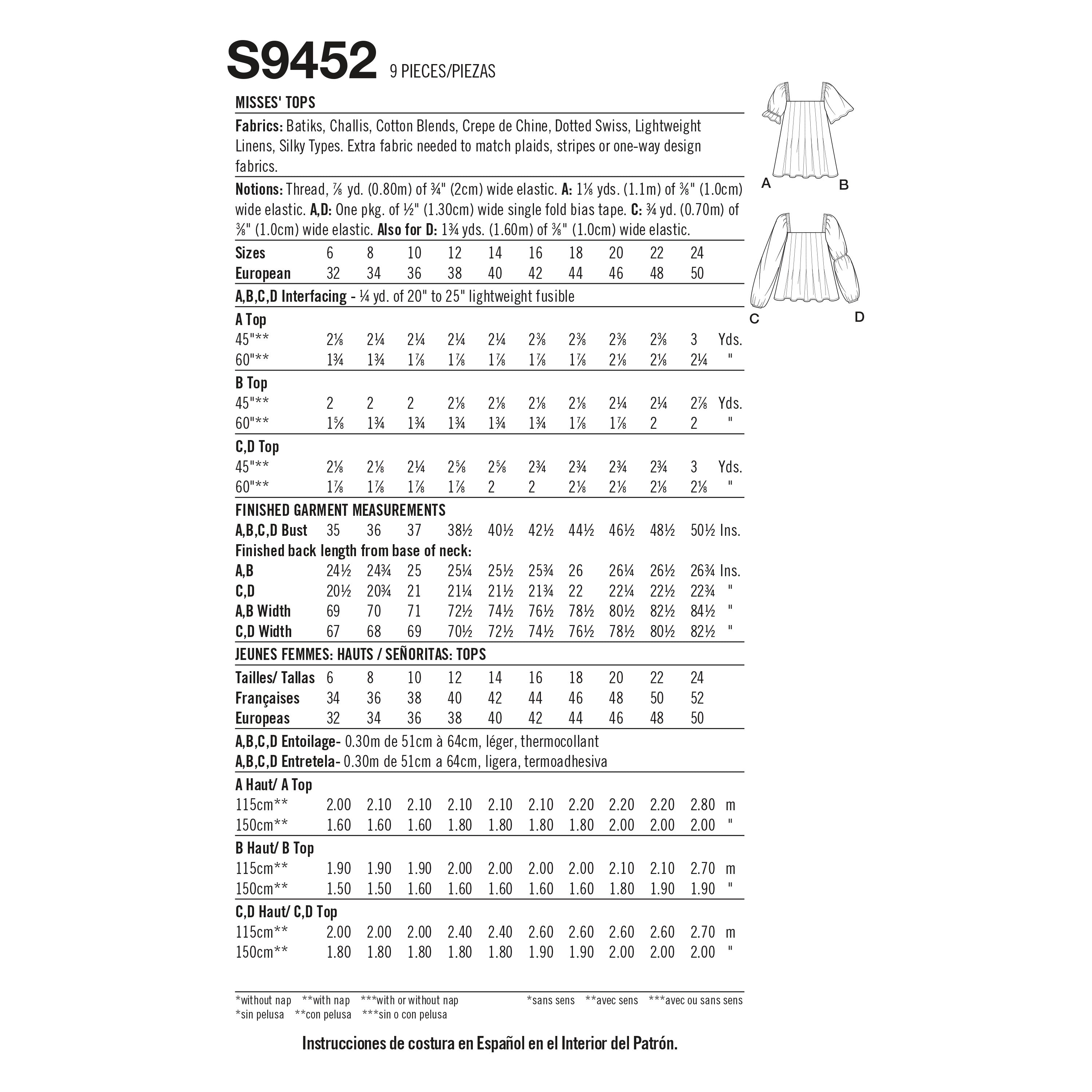 Simplicity Sewing Pattern S9452 Misses' Tops