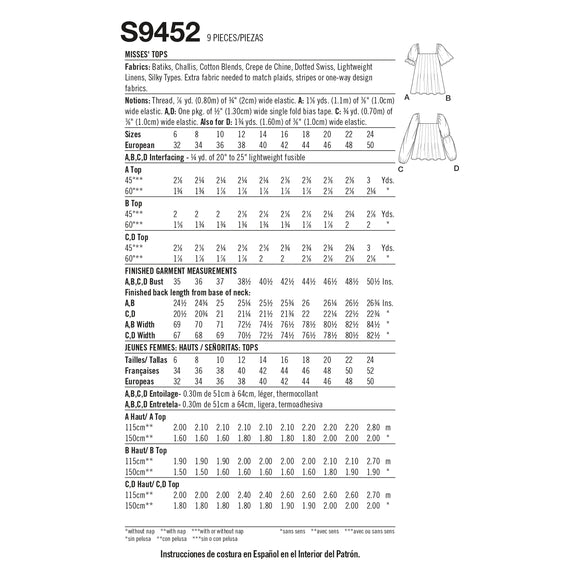 Simplicity Sewing Pattern S9452 Misses' Tops