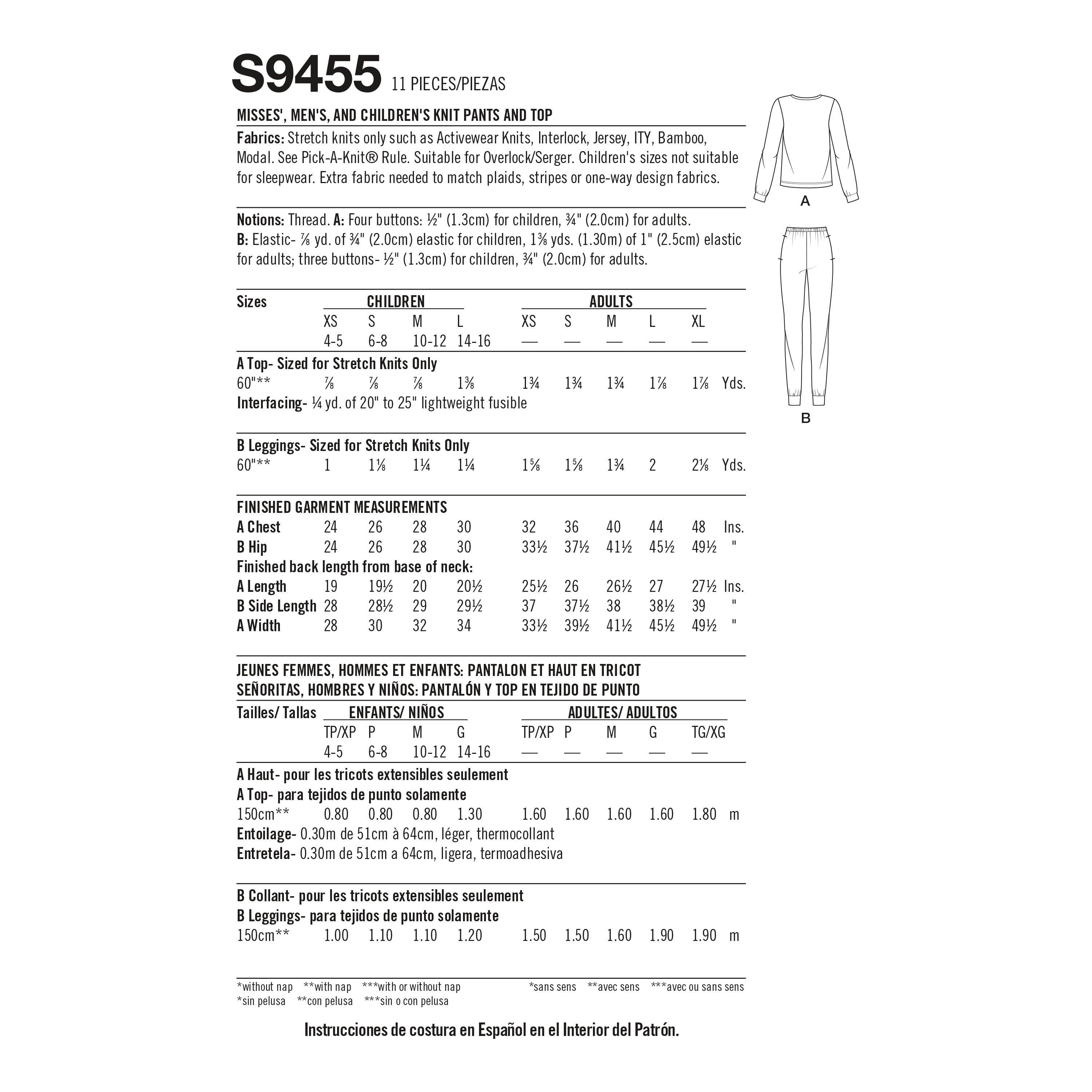 Simplicity Sewing Pattern S9455 Misses', Men's and Children's Knit Tops and Bottoms