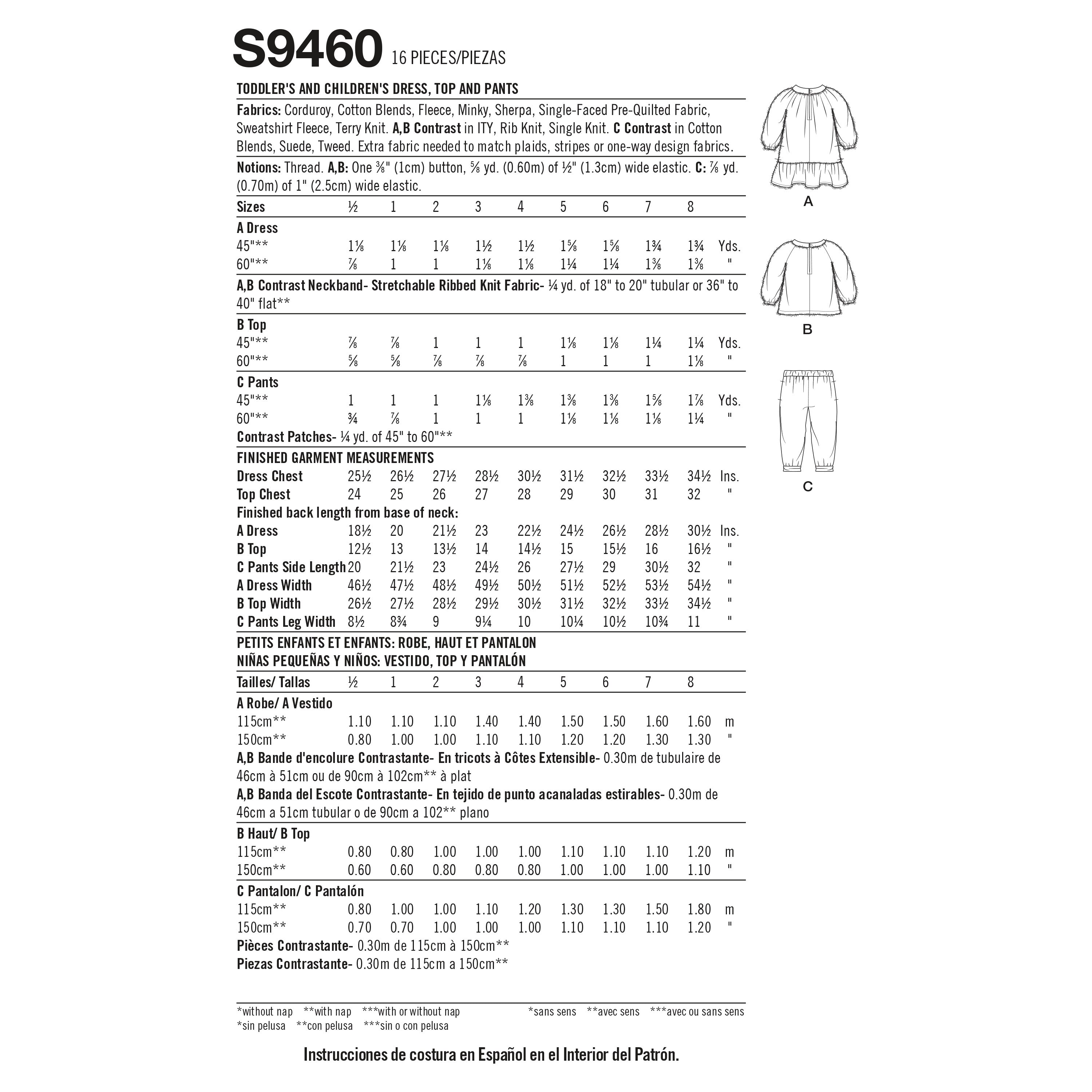 Simplicity Sewing Pattern S9460 Toddlers' and Children's Dress, Top and Trousers