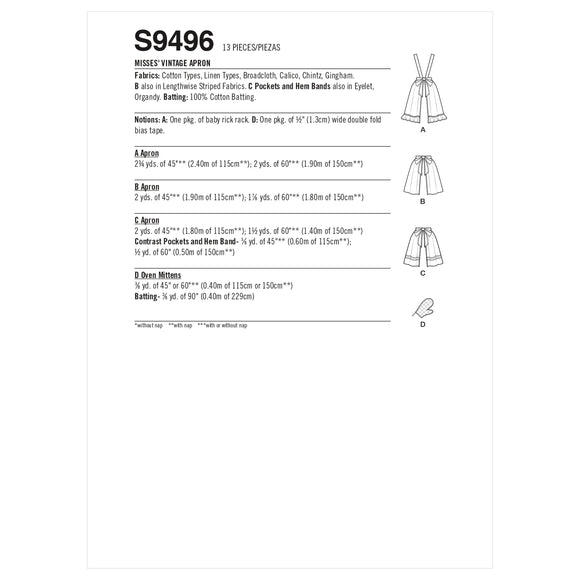 Simplicity Sewing Pattern S9496 MISSES' VINTAGE APRON