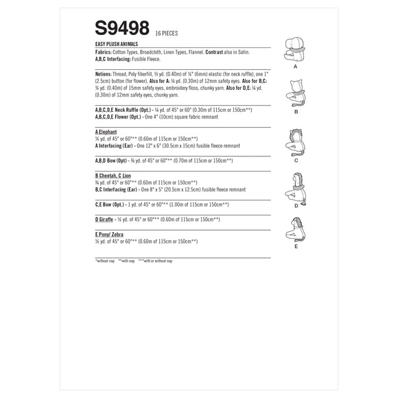 Simplicity Sewing Pattern S9498 EASY PLUSH ANIMALS