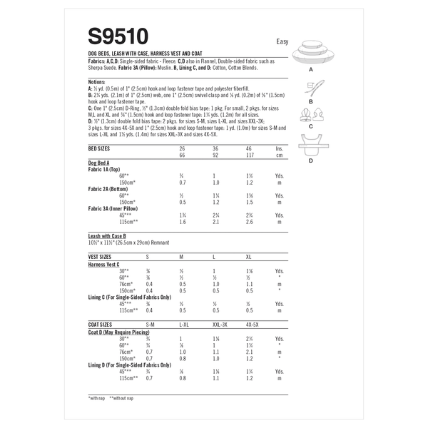 Simplicity Sewing Pattern S9510 DOG BEDS, LEASH WITH CASE, HARNESS VEST AND COAT