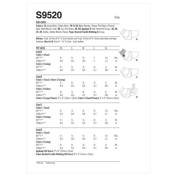 Simplicity Sewing Pattern S9520 DOG COATS