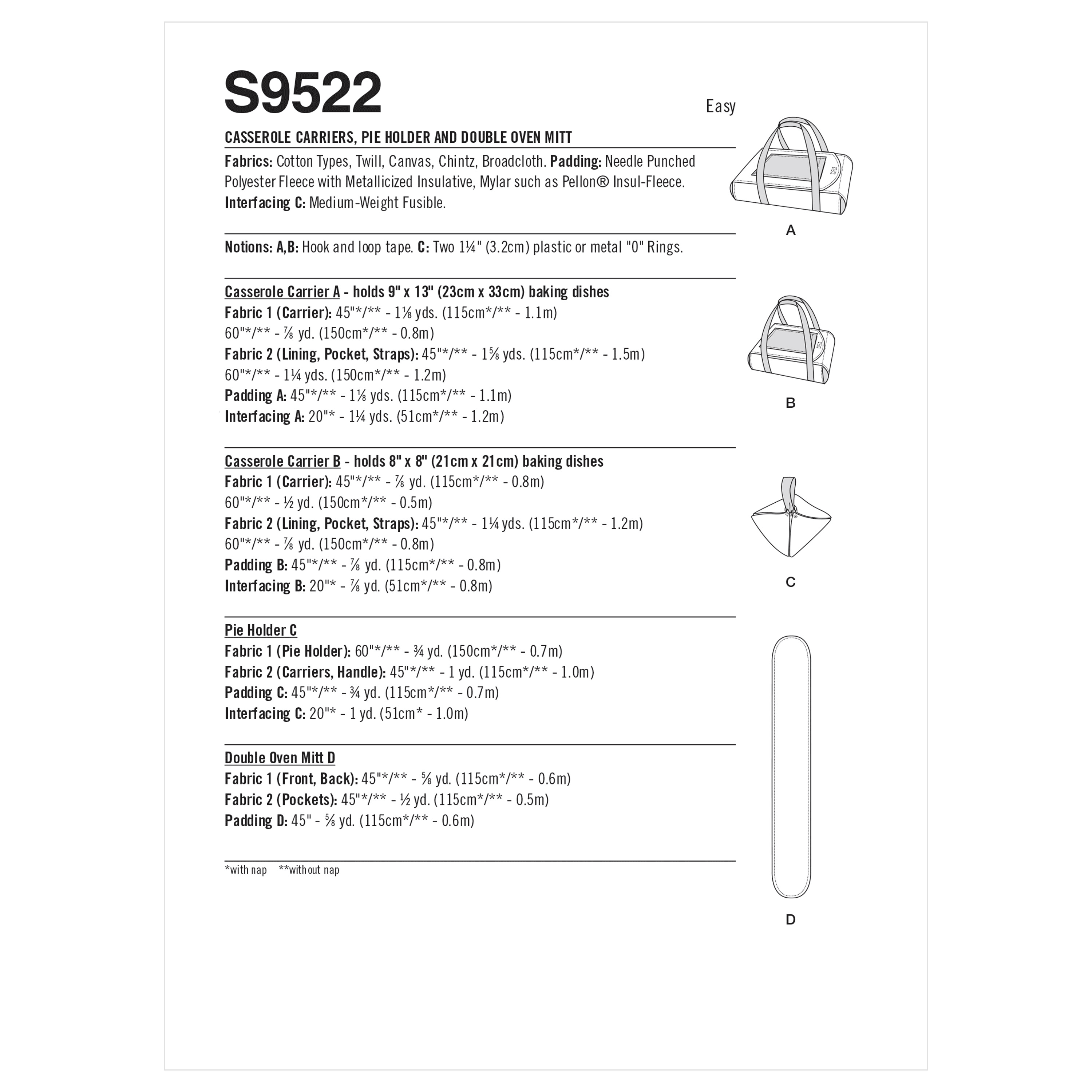 Simplicity Sewing Pattern S9522 CASSEROLE CARRIERS, PIE HOLDER AND DOUBLE OVEN MITT