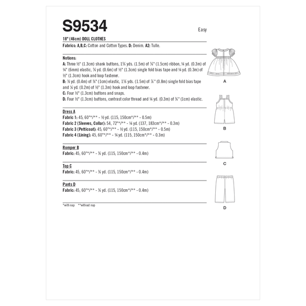 Simplicity Sewing Pattern S9534 18" DOLL CLOTHES