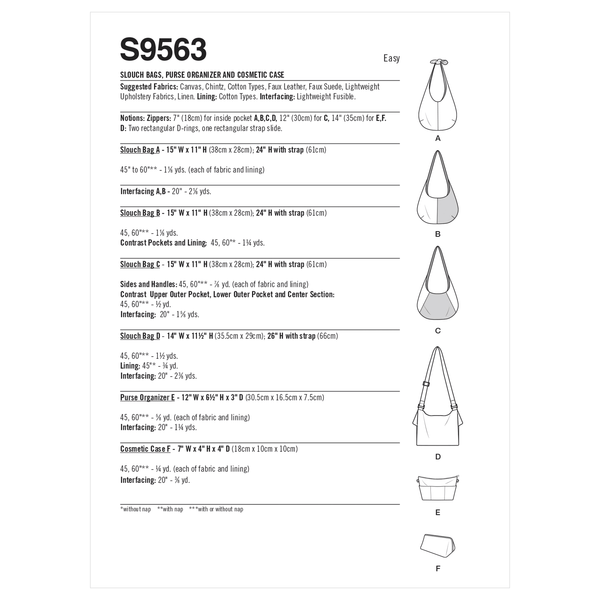 Simplicity Sewing Pattern S9563 SLOUCH BAGS, PURSE ORGANIZER AND COSMETIC CASE