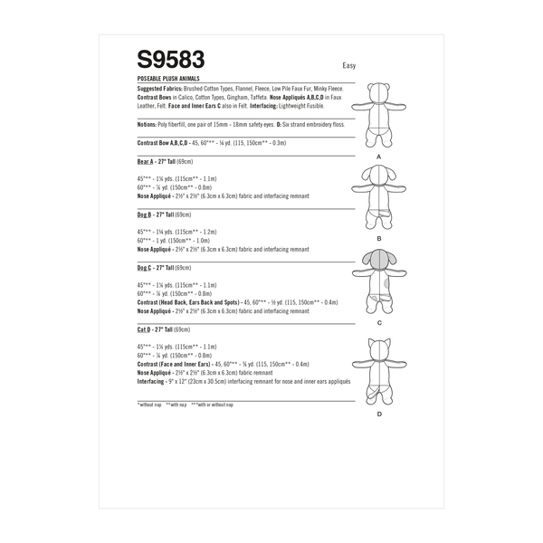 Simplicity Sewing Pattern S9583 POSEABLE PLUSH ANIMALS BY ELAINE HEIGL