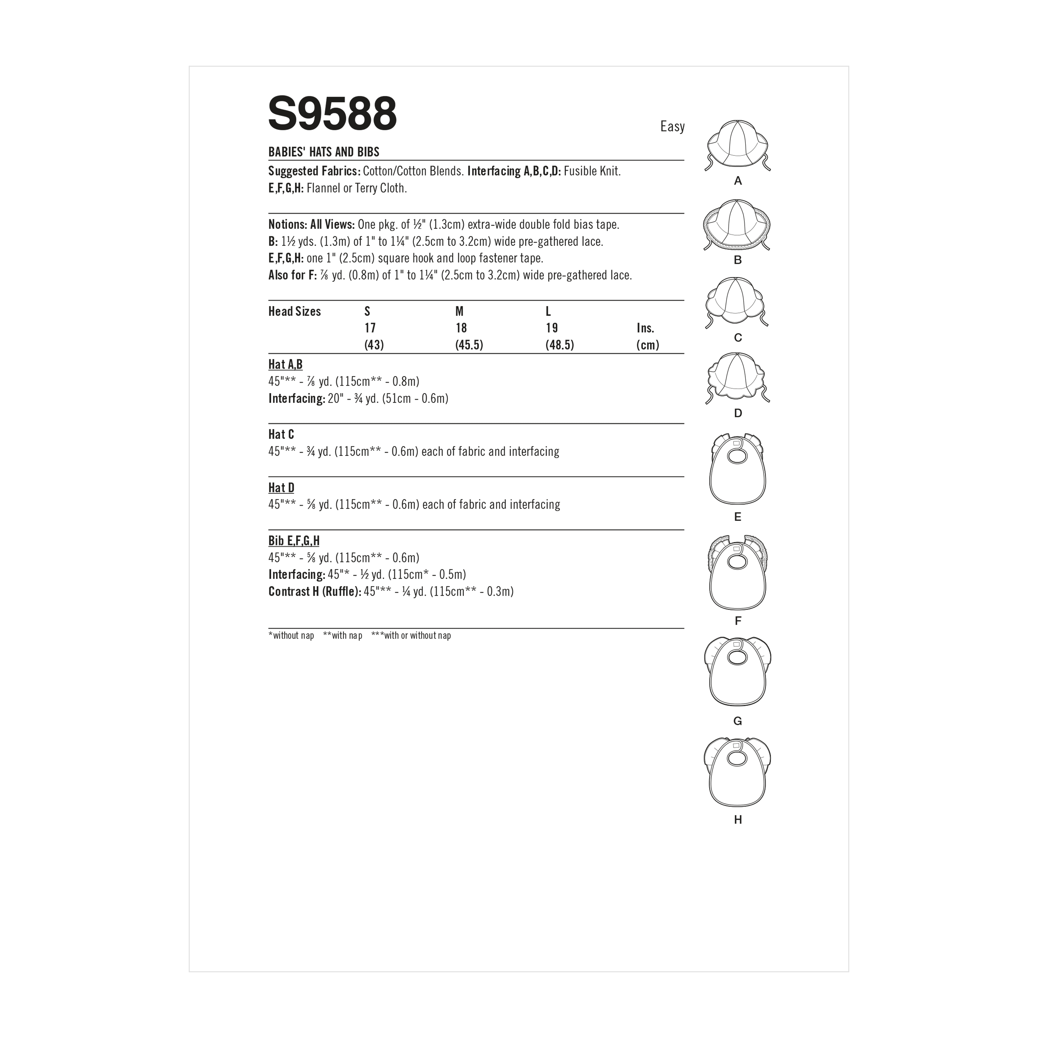 Simplicity Sewing Pattern S9588 BABIES' HATS AND BIBS