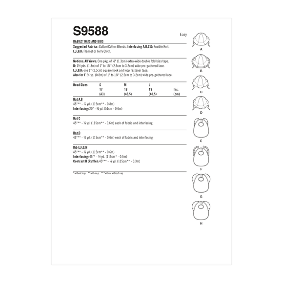 Simplicity Sewing Pattern S9588 BABIES' HATS AND BIBS