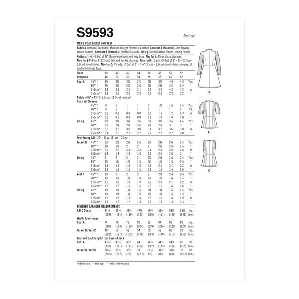 Simplicity Sewing Pattern S9593 MEN'S COAT, JACKET AND VEST