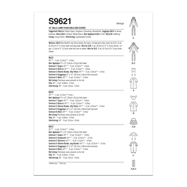 Simplicity Sewing Pattern S9621 LANKY PLUSH DOLLS AND CLOTHES BY ELAINE HEIGL DESIGNS