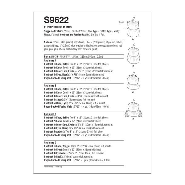 Simplicity Sewing Pattern S9622 PLUSH PUMPKIN ANIMALS