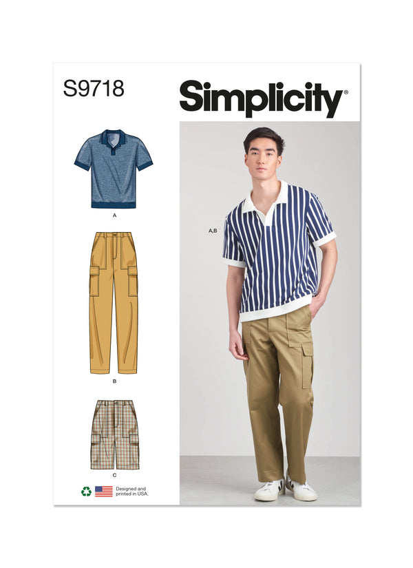 Simplicity Sewing Pattern S9718 MEN'S KNIT TOP, CARGO PANTS AND SHORTS