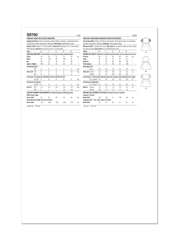 Simplicity Sewing Pattern S9760 TODDLERS' DRESS WITH SLEEVE VARIATIONS