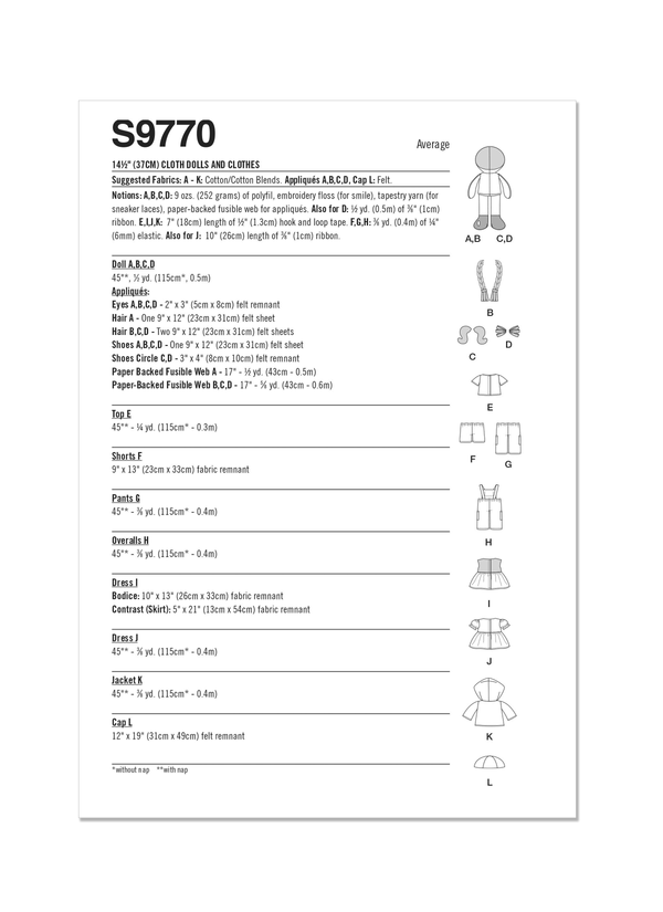 Simplicity Sewing Pattern S9770 14 1/2" CLOTH DOLLS AND CLOTHES BY LONGIA MILLER