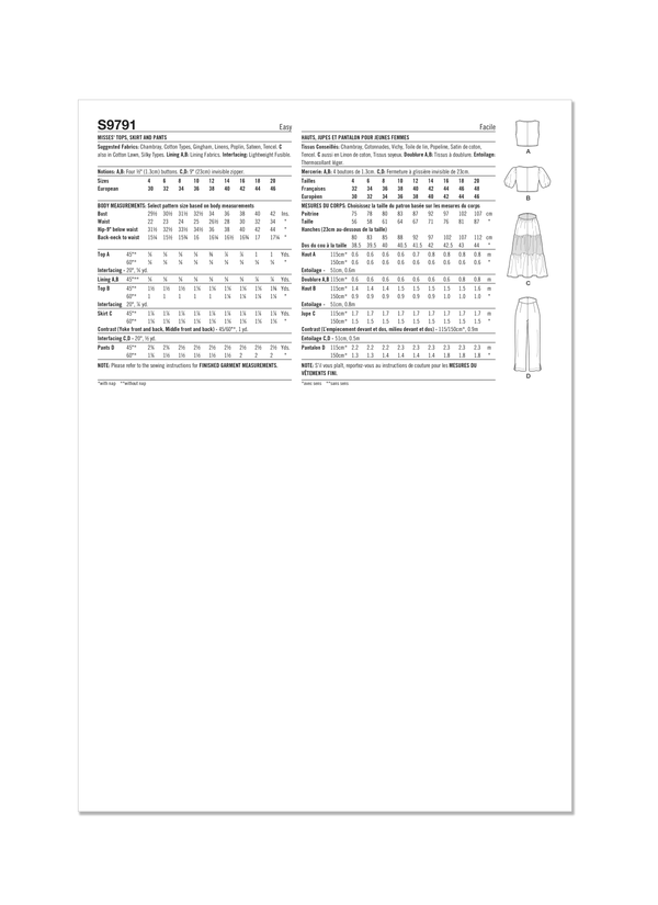 Simplicity Sewing Pattern S9791 MISSES' TOPS, SKIRT AND PANTS