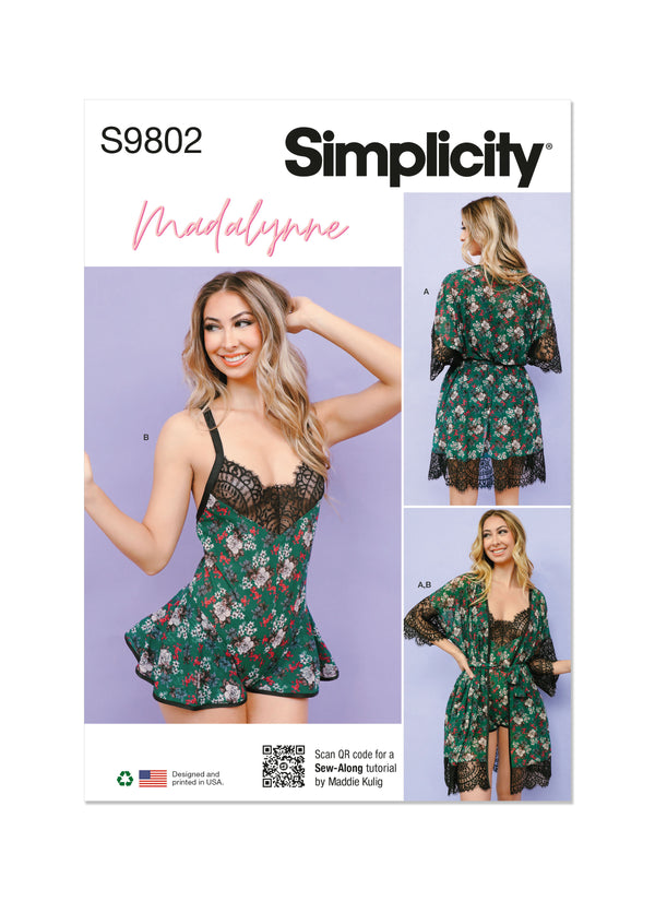 Simplicity Sewing Pattern S9802 MISSES' AND WOMEN'S ROBE WITH BELT AND TEDDY LINGERIE BY MADALYNNE INTIMATES