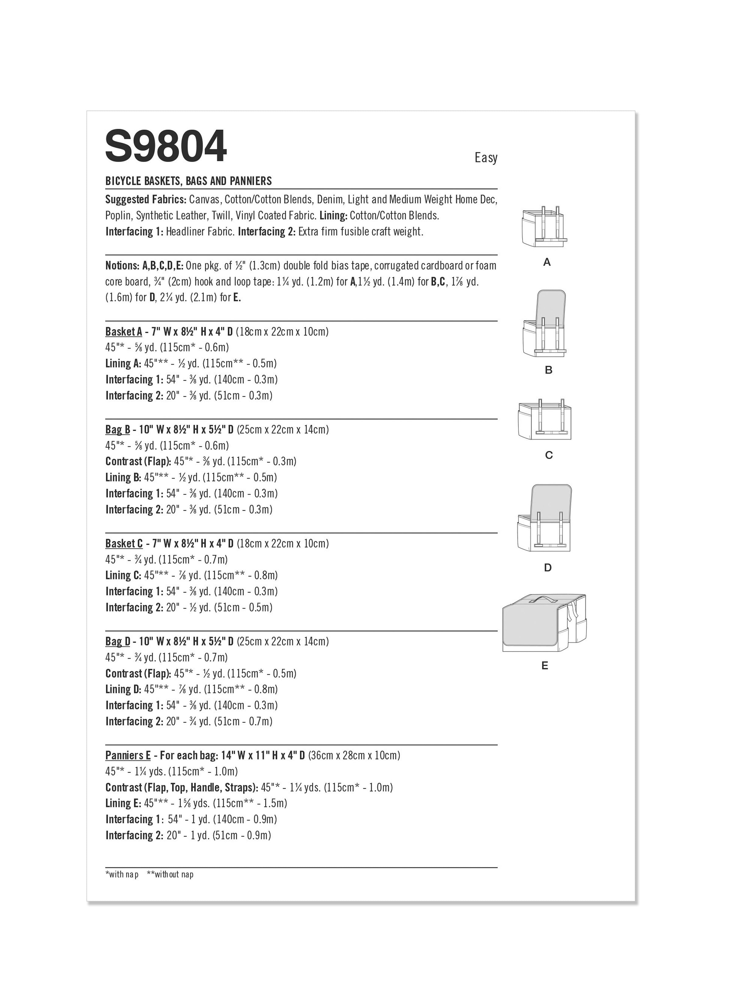 Simplicity Sewing Pattern S9804 BICYCLE BASKETS, BAGS AND PANNIERS