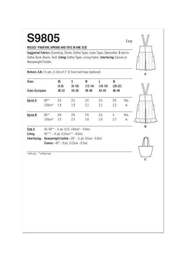 Simplicity Sewing Pattern S9805 MISSES' PINAFORE APRONS AND TOTE IN ONE SIZE