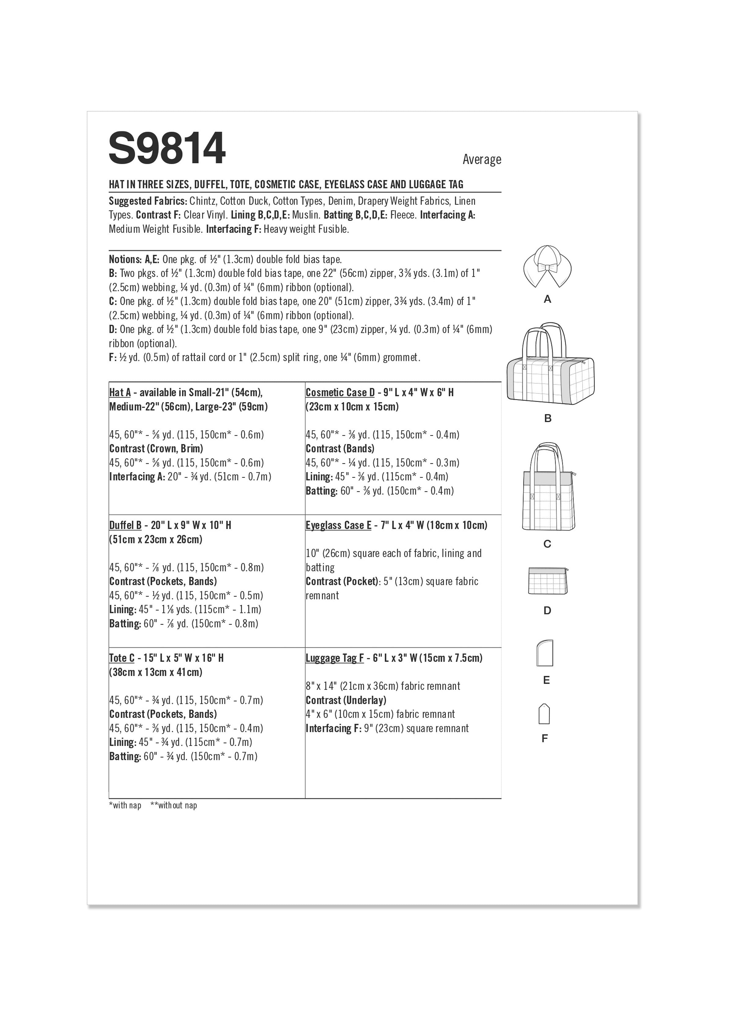 Simplicity Sewing Pattern S9814 HAT IN THREE SIZES, DUFFEL, TOTE, COSMETIC CASE, EYEGLASS CASE AND LUGGAGE TAG