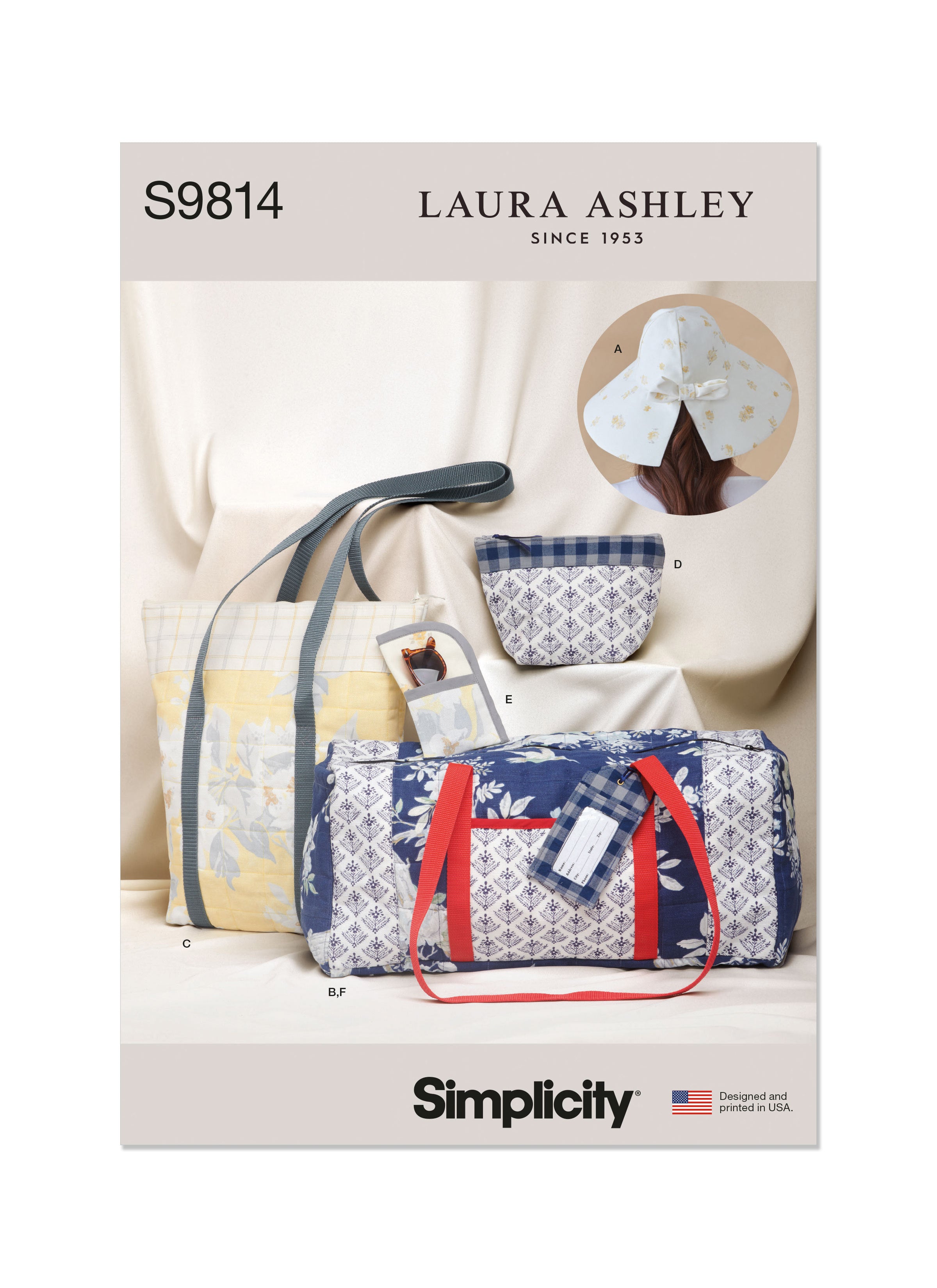 Simplicity Sewing Pattern S9814 HAT IN THREE SIZES, DUFFEL, TOTE, COSMETIC CASE, EYEGLASS CASE AND LUGGAGE TAG