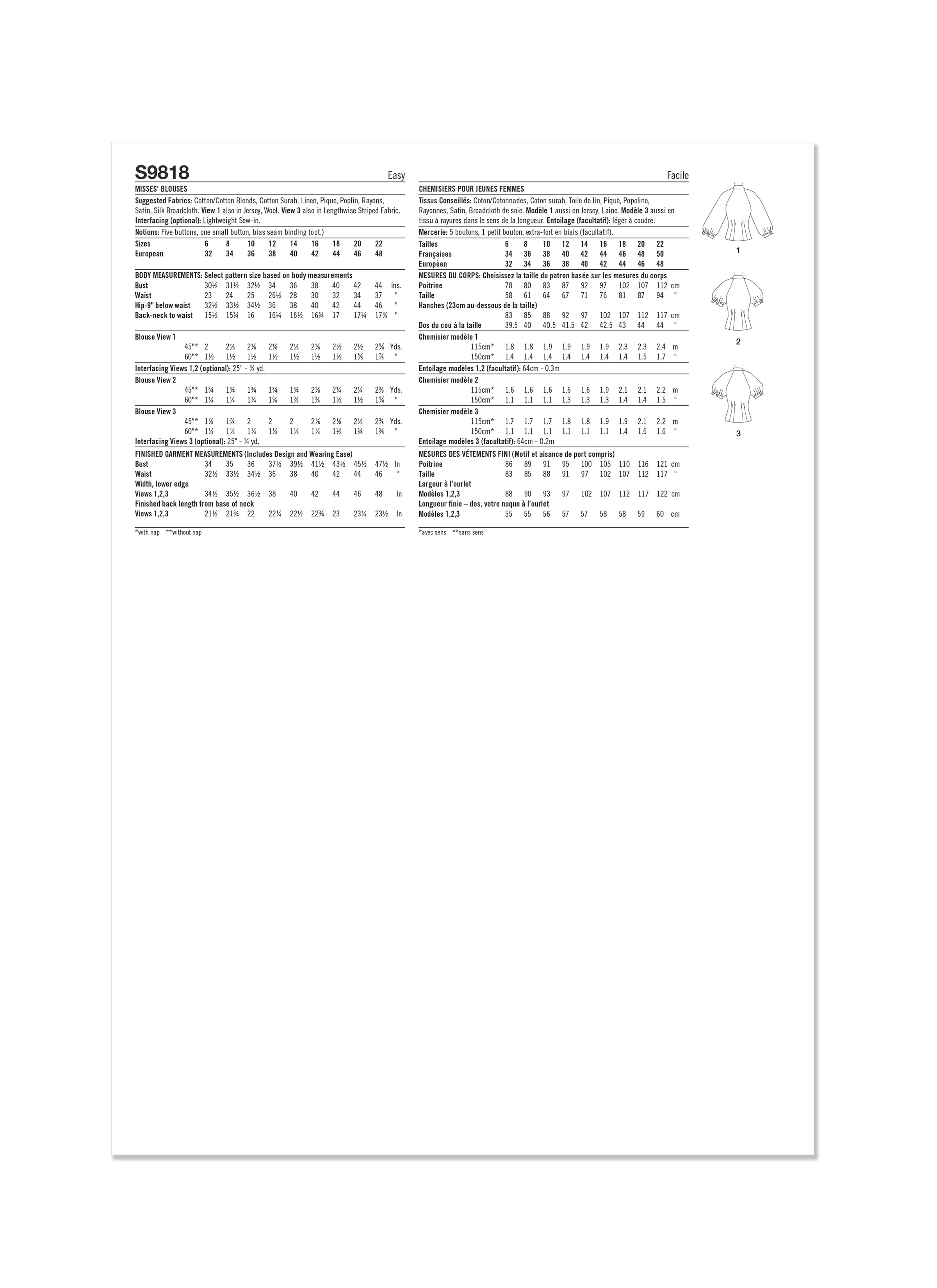 Simplicity Sewing Pattern S9818 MISSES' BLOUSES