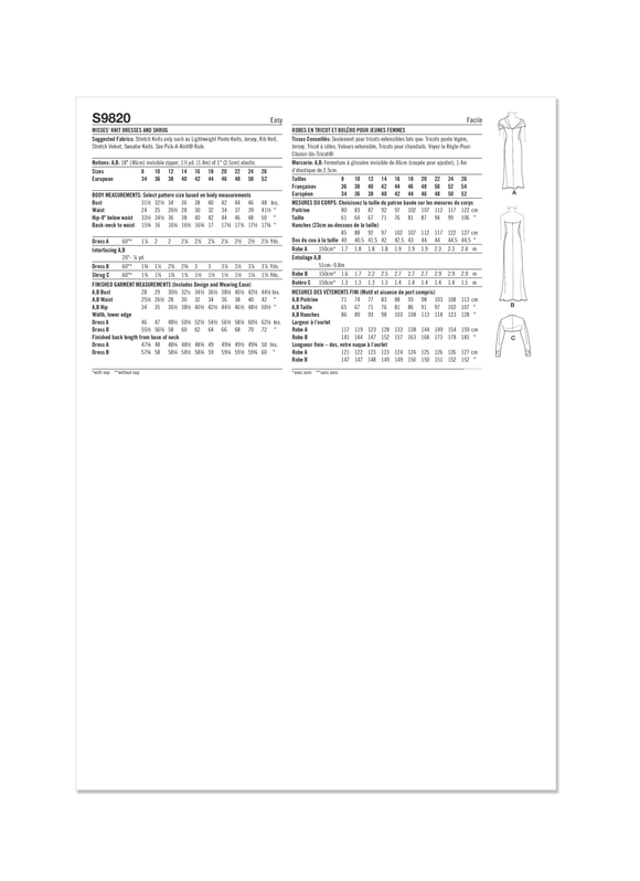 Simplicity Sewing Pattern S9820 MISSES' KNIT DRESSES AND SHRUG