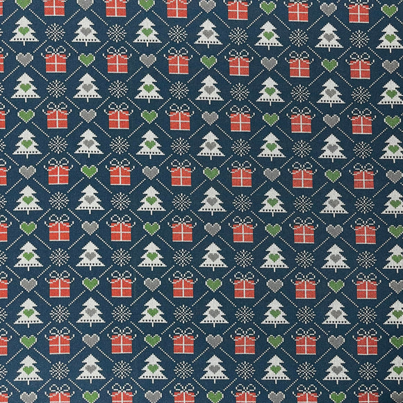 Fabriques Navy Blue Xmas Tree Print French Terry Brushed Back