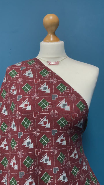 Fabriques Dark Red Xmas Tree Print French Terry Brushed Back - 0